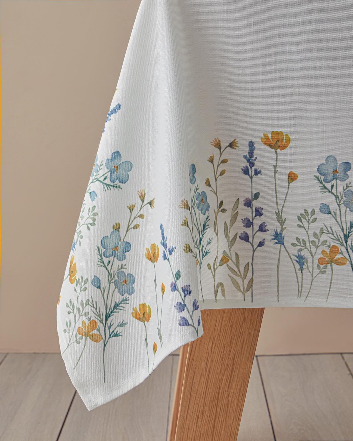 Meadow Polyester Masa Örtüsü 145x200 cm Beyaz - Mavi