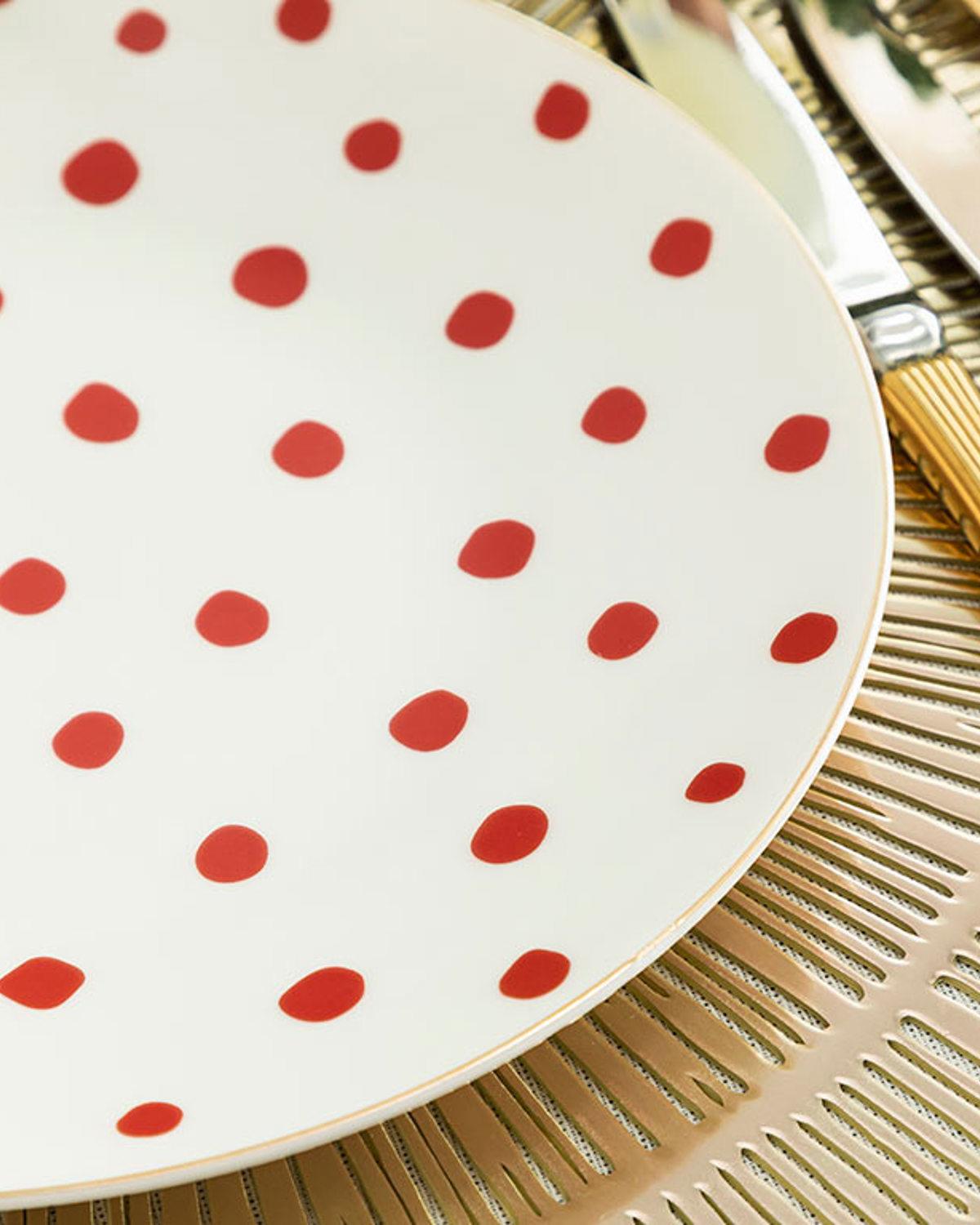 Modern Dots Bone Porselen Servis Tabağı 25 cm Kırmızı
