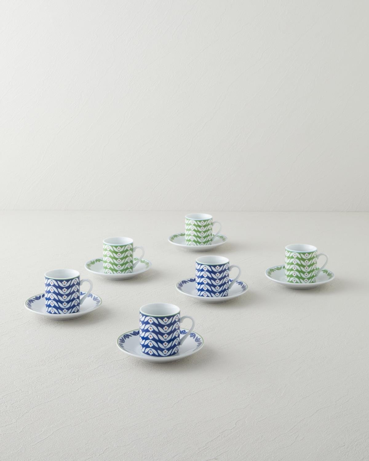Nixie Flowery Porselen 12 Parça 6 Kişilik Kahve Fincan Takımı 80 ml Yeşil-Mavi