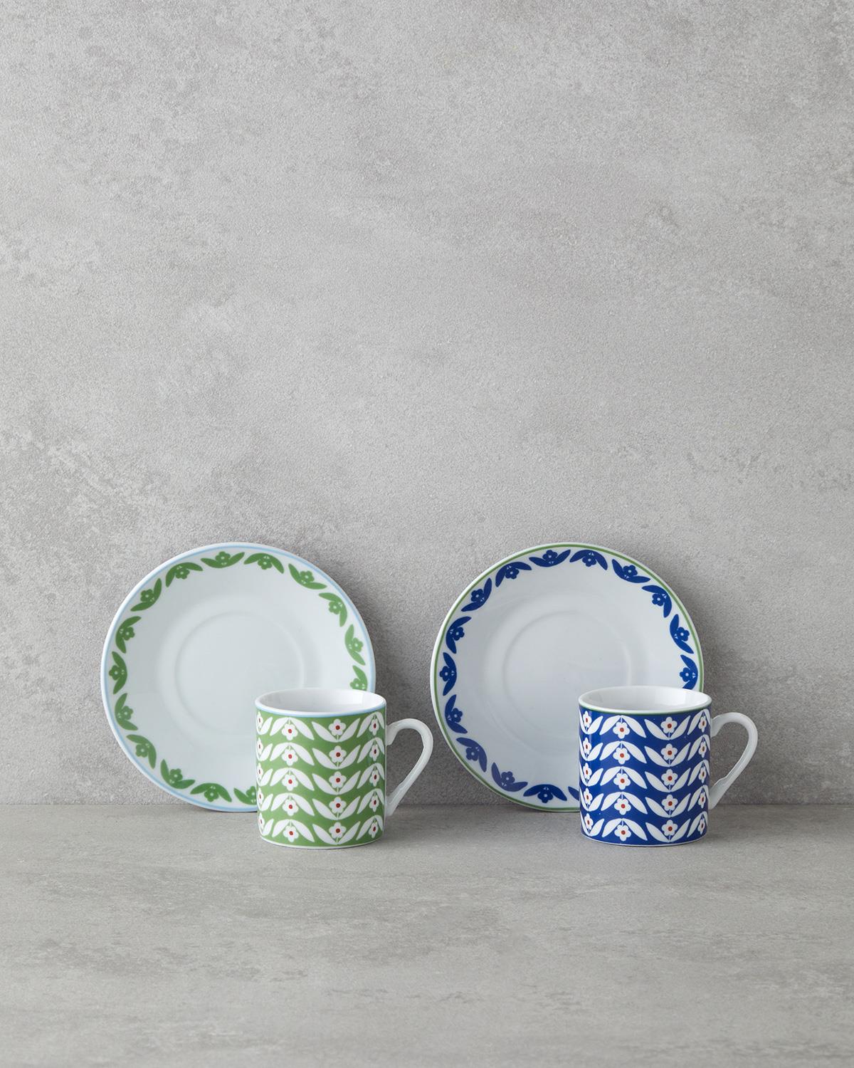 Nixie Porselen 4 Parça 2 Kişilik Kahve Fincan Takımı 80 ml Yeşil-Mavi