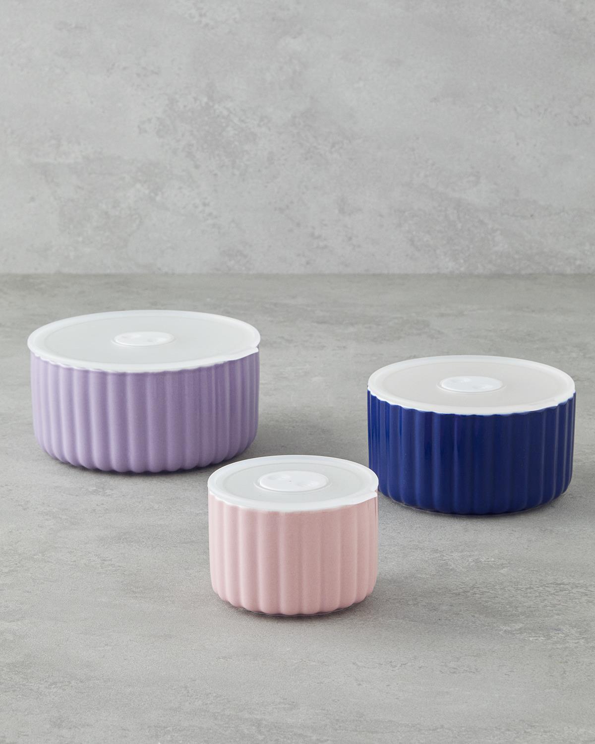 Oliver New Bone China 3'lü Saklama Kabı 300 ml-600 ml-800 ml Lila-Lacivert-Krem
