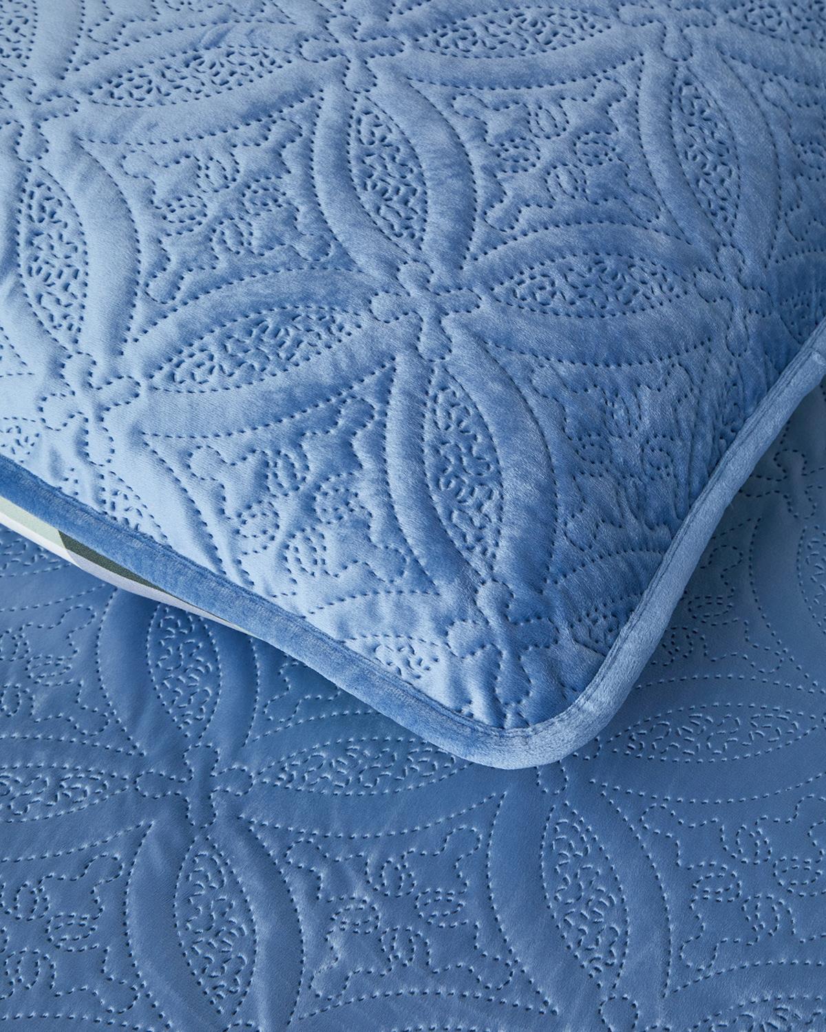 Ornate Check Kadife King Size Yatak Örtüsü Takımı 240x220 cm Koyu Mavi