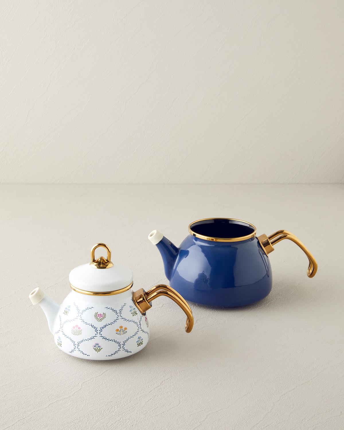 Ornate Retro Emaye Mini Çaydanlık 0,50 lt + 1,1 lt Mavi