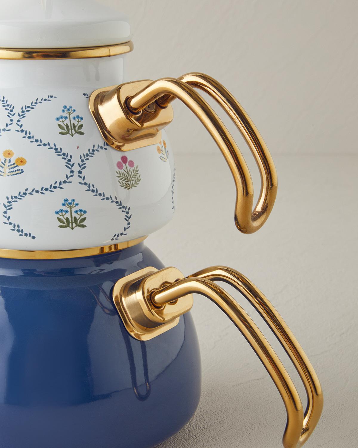 Ornate Retro Emaye Mini Çaydanlık 0,50 lt + 1,1 lt Mavi