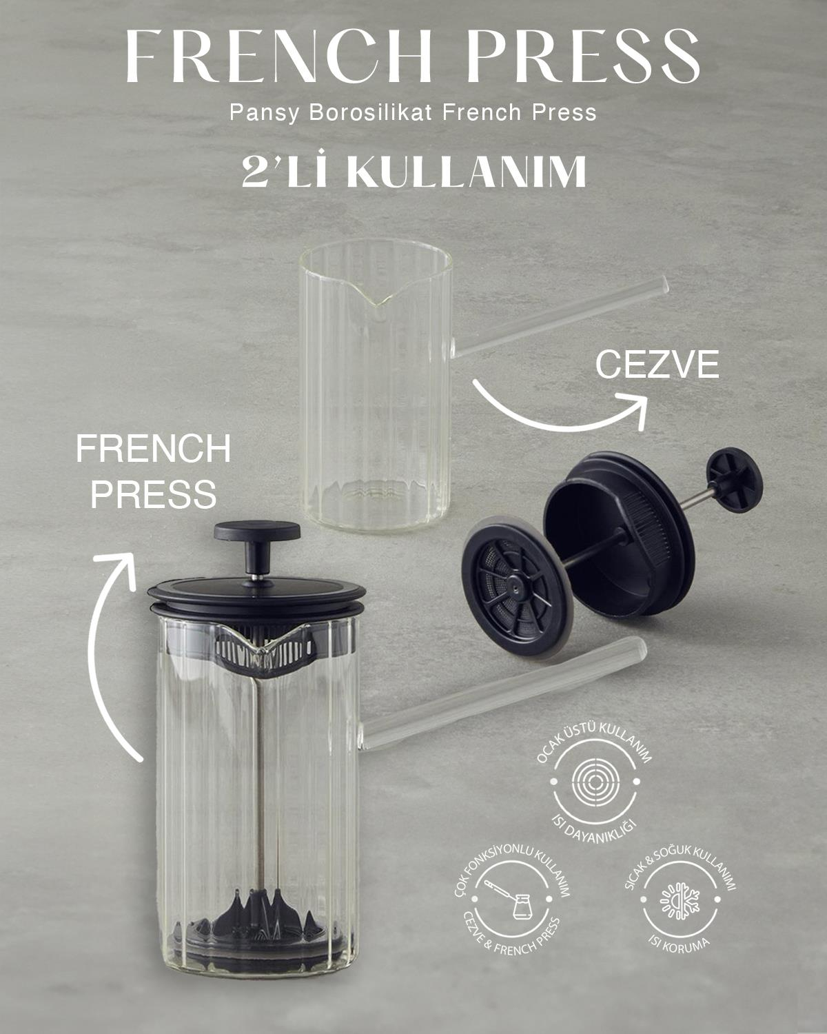 Pansy Borosilikat French Press 400 ml Siyah