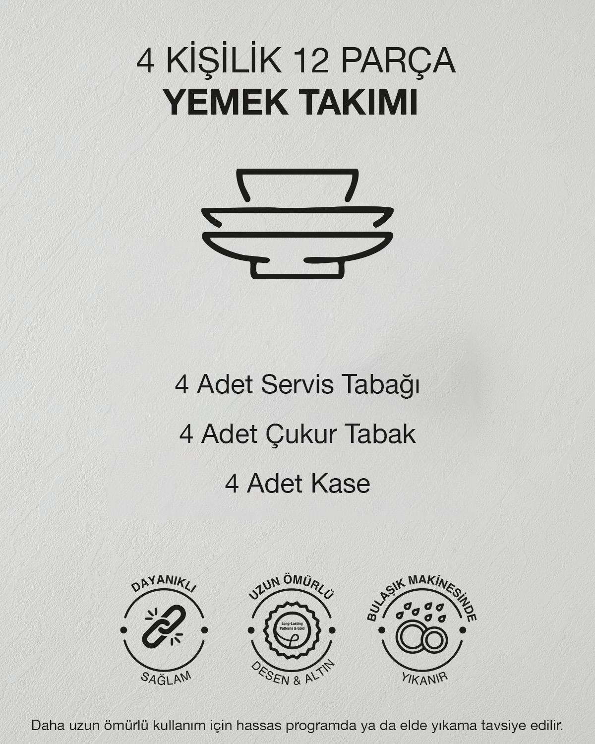 Parma Porselen Yemek Takımı 12 Parça 4 Kişilik Silver