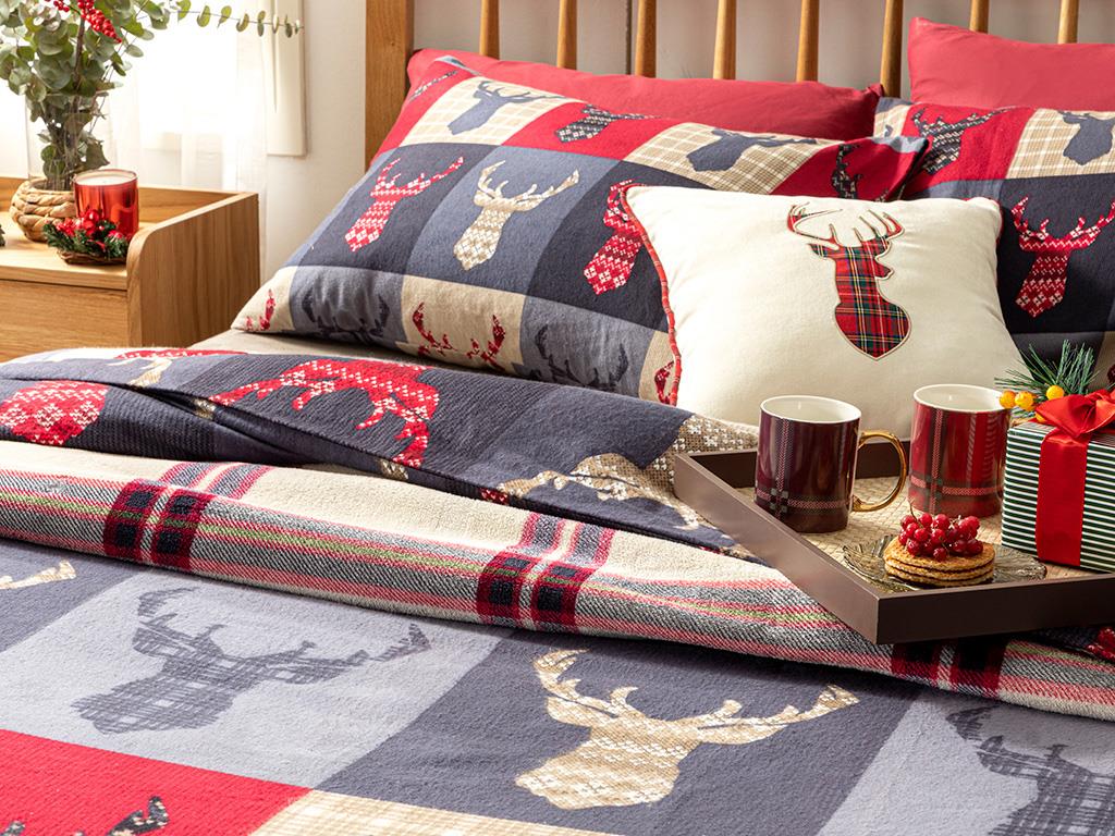 Patchy Deers Flanel Çift Kişilik Nevresim Takımı Koyu Mavi