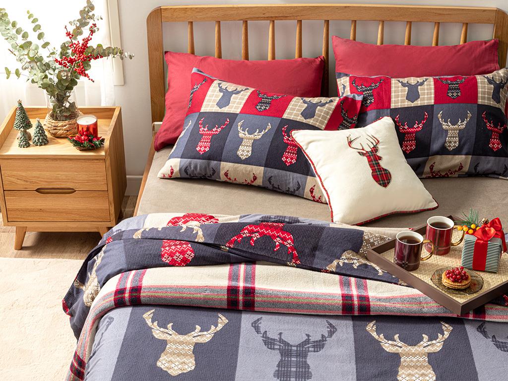 Patchy Deers Flanel Çift Kişilik Nevresim Takımı Koyu Mavi