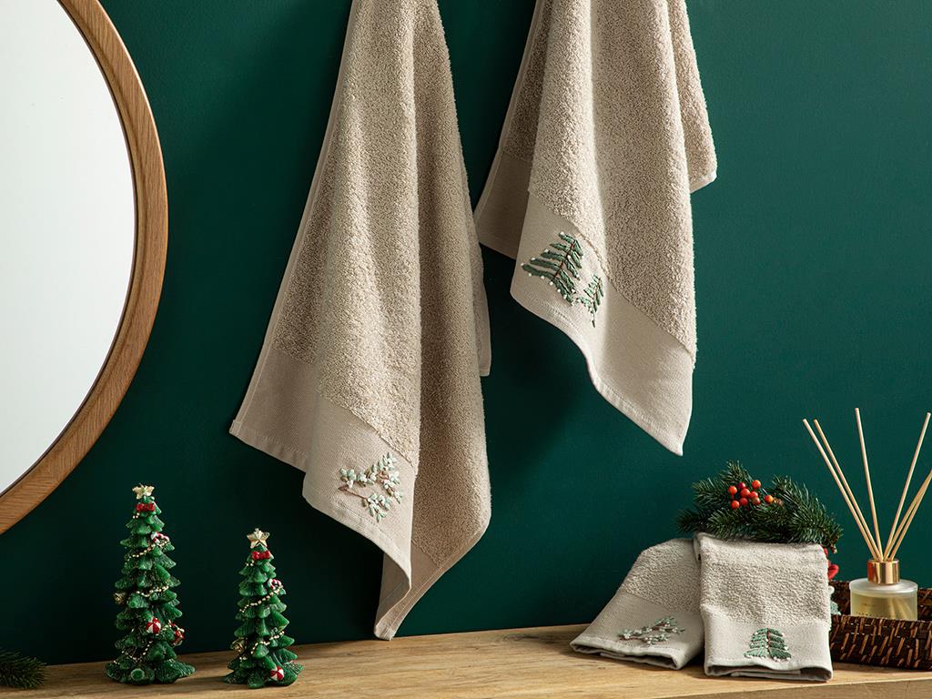 Pine Pamuklu Nakışlı El Havlusu Bej