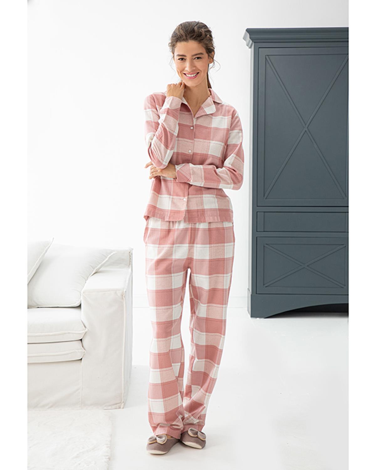 Pink Plaid Flanel Kadın Pijama Takımı M Pembe