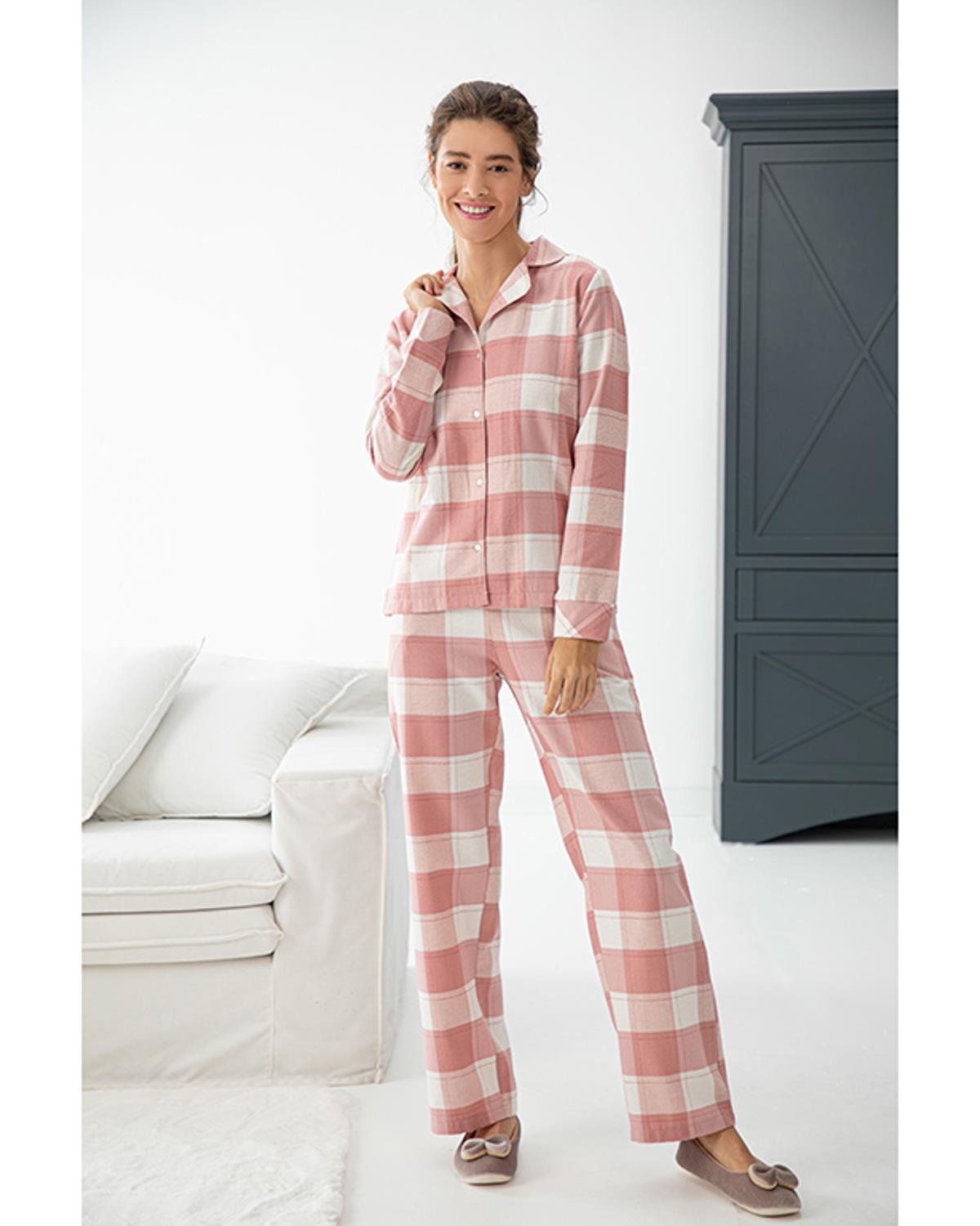 Pink Plaid Flanel Kadın Pijama Takımı M Pembe