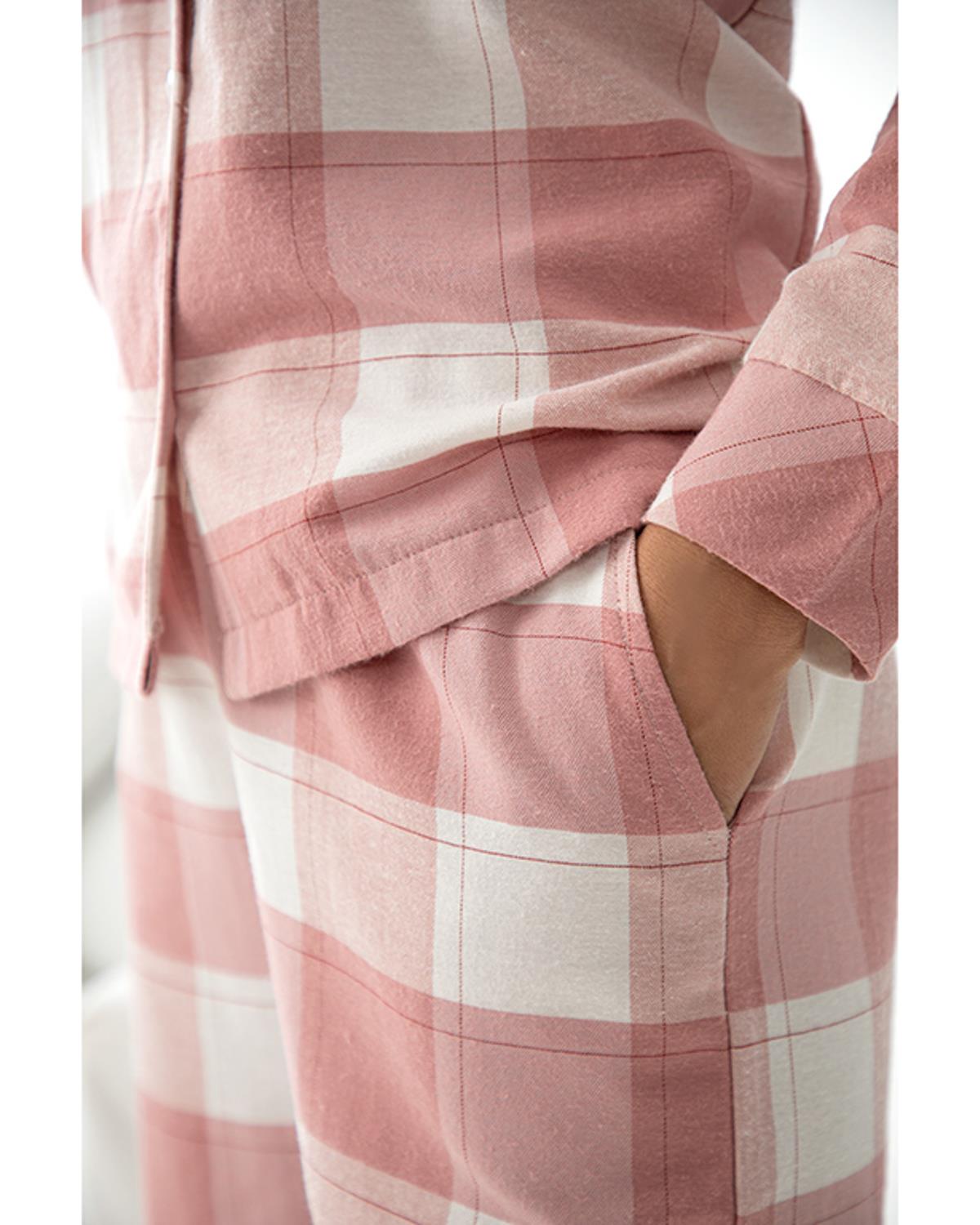Pink Plaid Flanel Kadın Pijama Takımı M Pembe