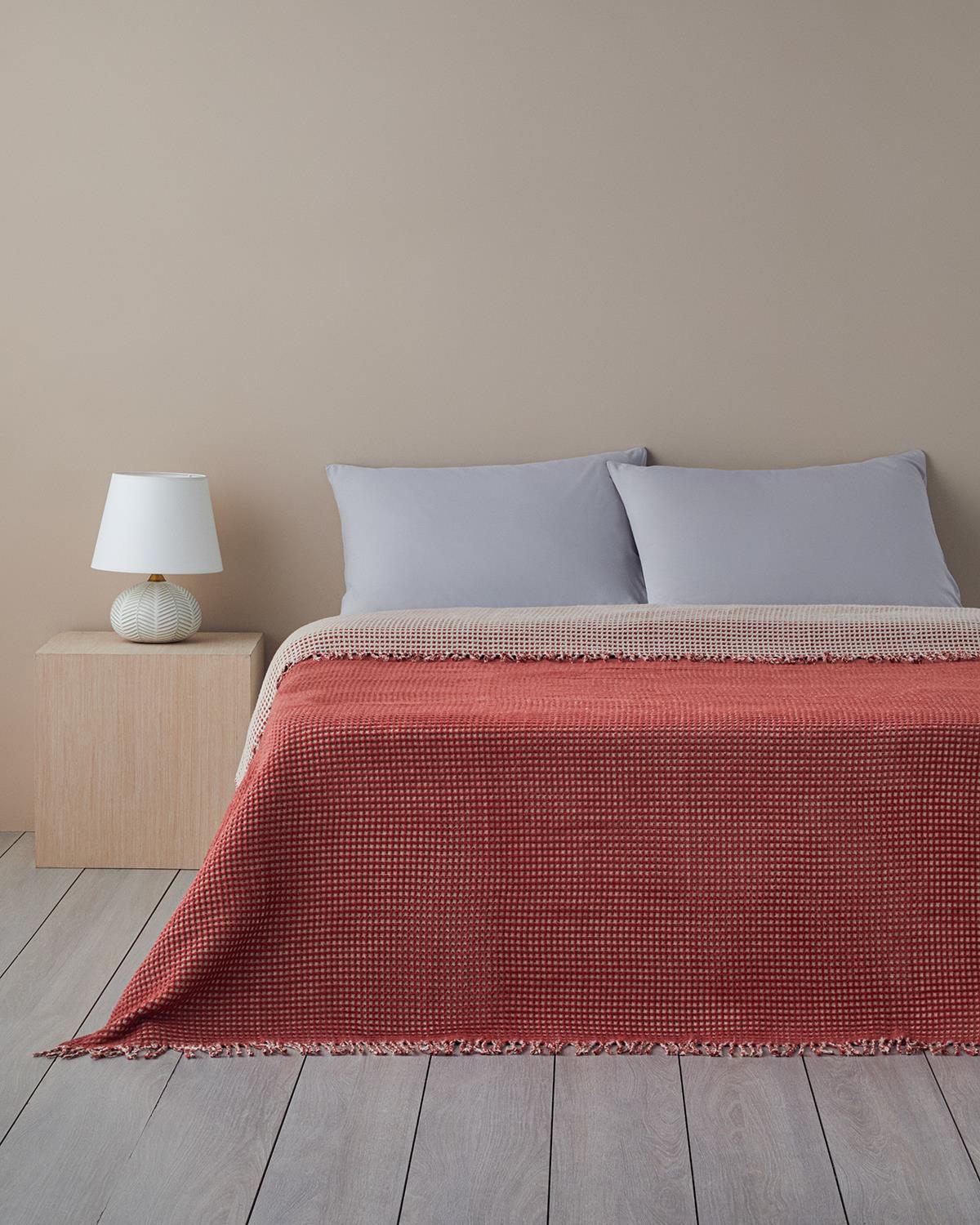 Plain Waffle Pamuklu Tek Kişilik Battaniye Bej – Terracotta