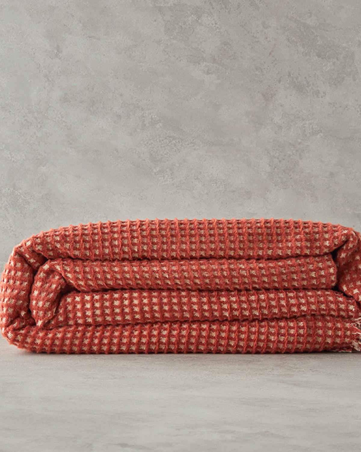 Plain Waffle Pamuklu Tek Kişilik Battaniye Bej – Terracotta