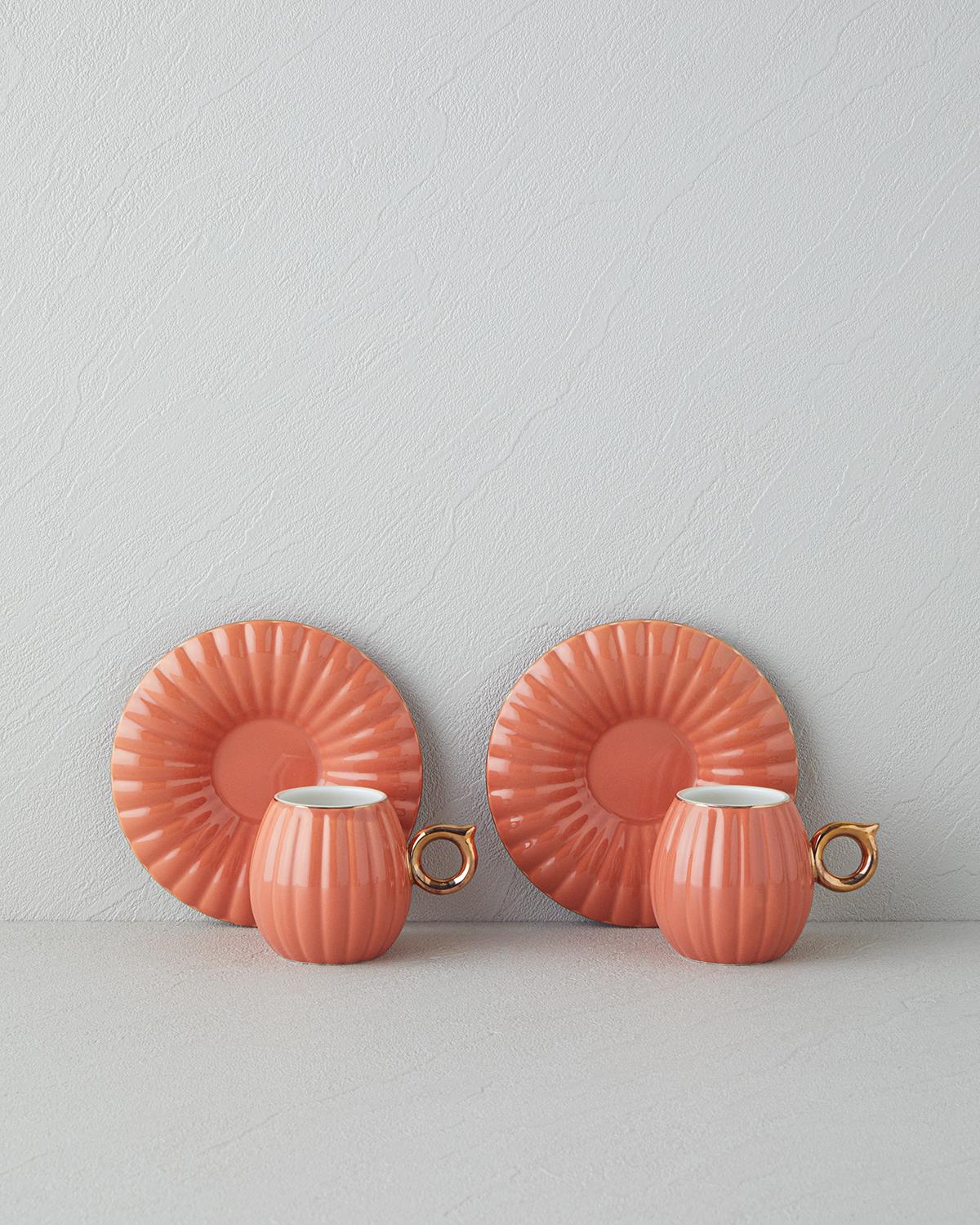 Polka New Bone China 4 Parça 2 Kişilik Kahve Fincan Takımı Terracotta