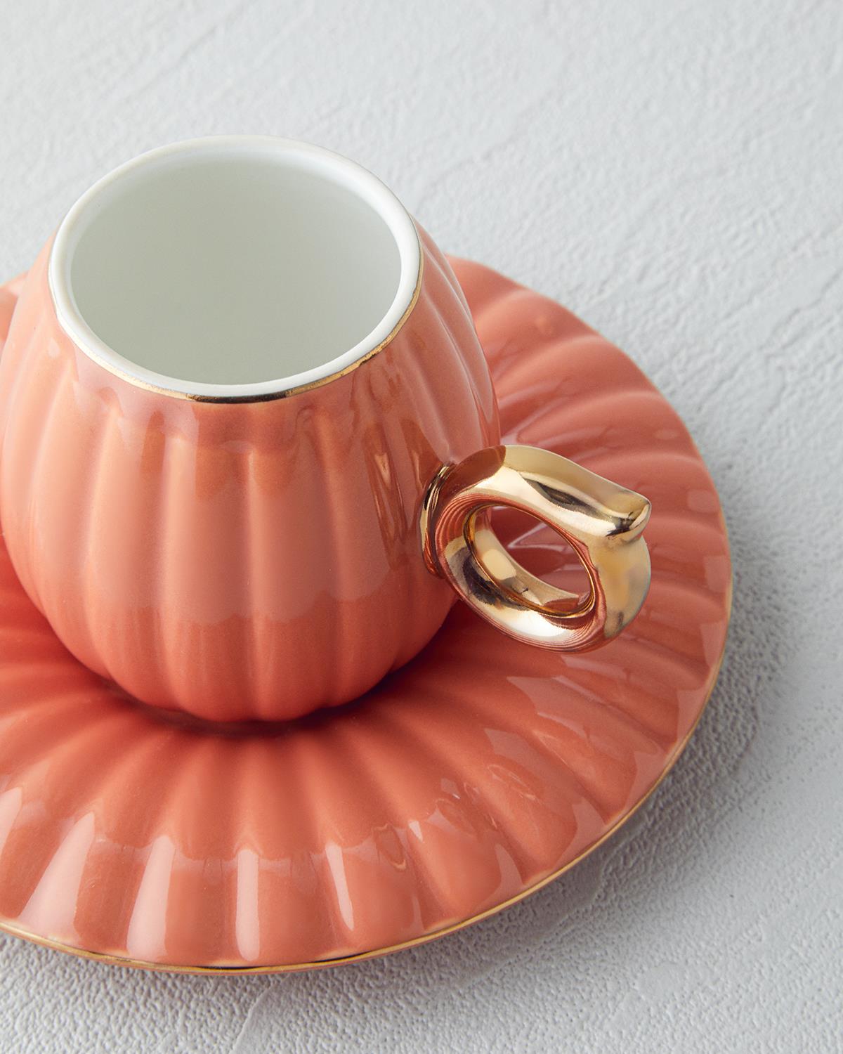 Polka New Bone China 4 Parça 2 Kişilik Kahve Fincan Takımı Terracotta