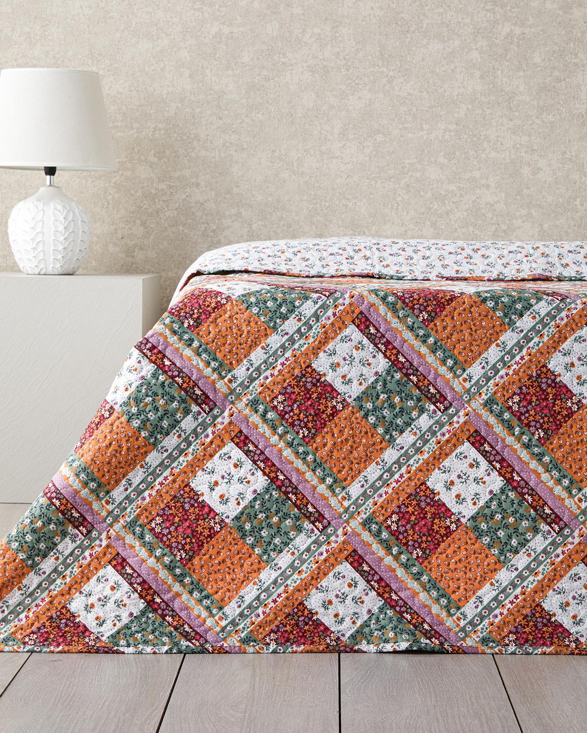 Quatro Patchwork Çift Kişilik Çok Amaçlı Örtü 200x220 cm Terracotta