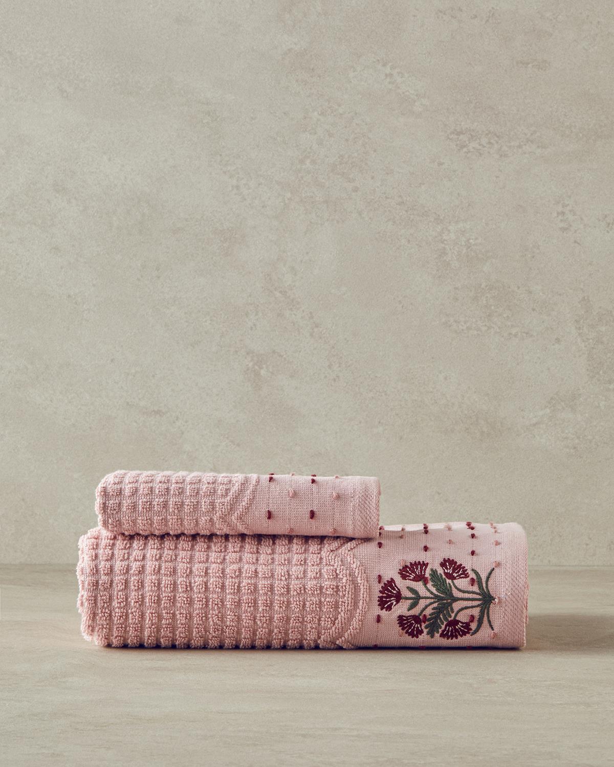 Retro Bloom Pamuklu Nakışlı Yüz Havlusu 50x80 cm Pembe