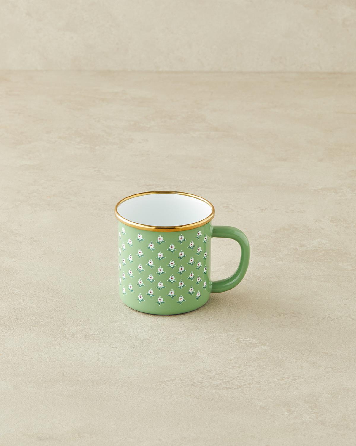 Retro Floral Emaye Kupa 350 ml Yeşil