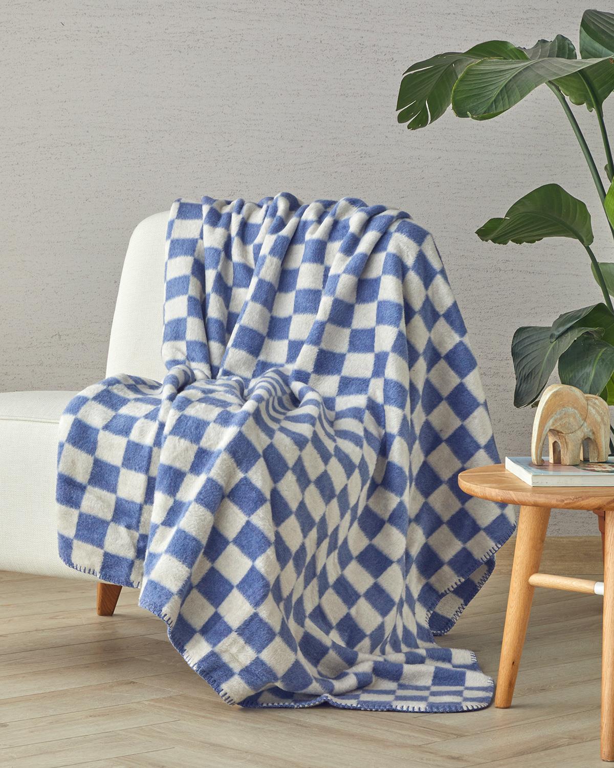 Retro Plaid Akrilik Tv Battaniye 130x170 cm Mavi