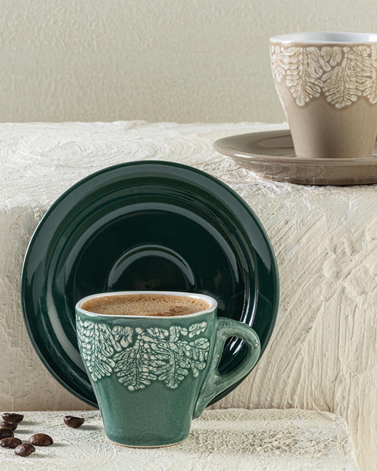 Rila Stoneware 4 Parça 2 Kişilik Kahve Fincan Takımı Bej - Yeşil