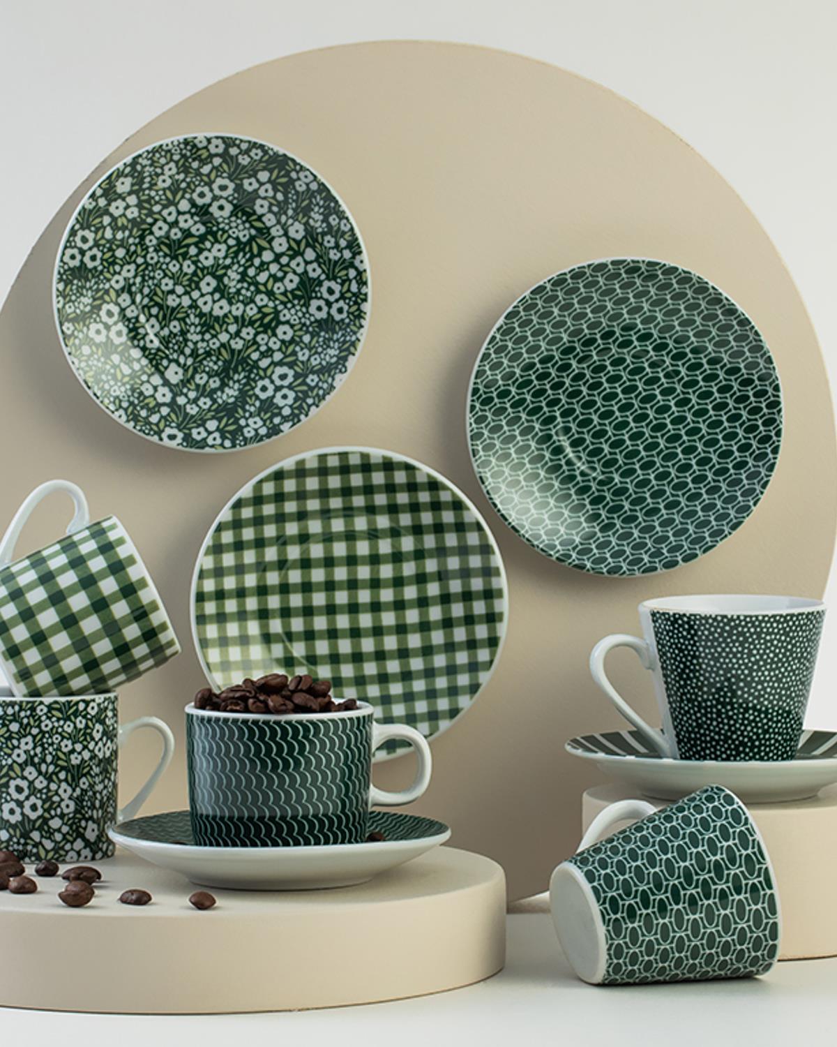 Squares Porselen 4 Parça 2 Kişilik Kahve Fincan Takımı Yeşil