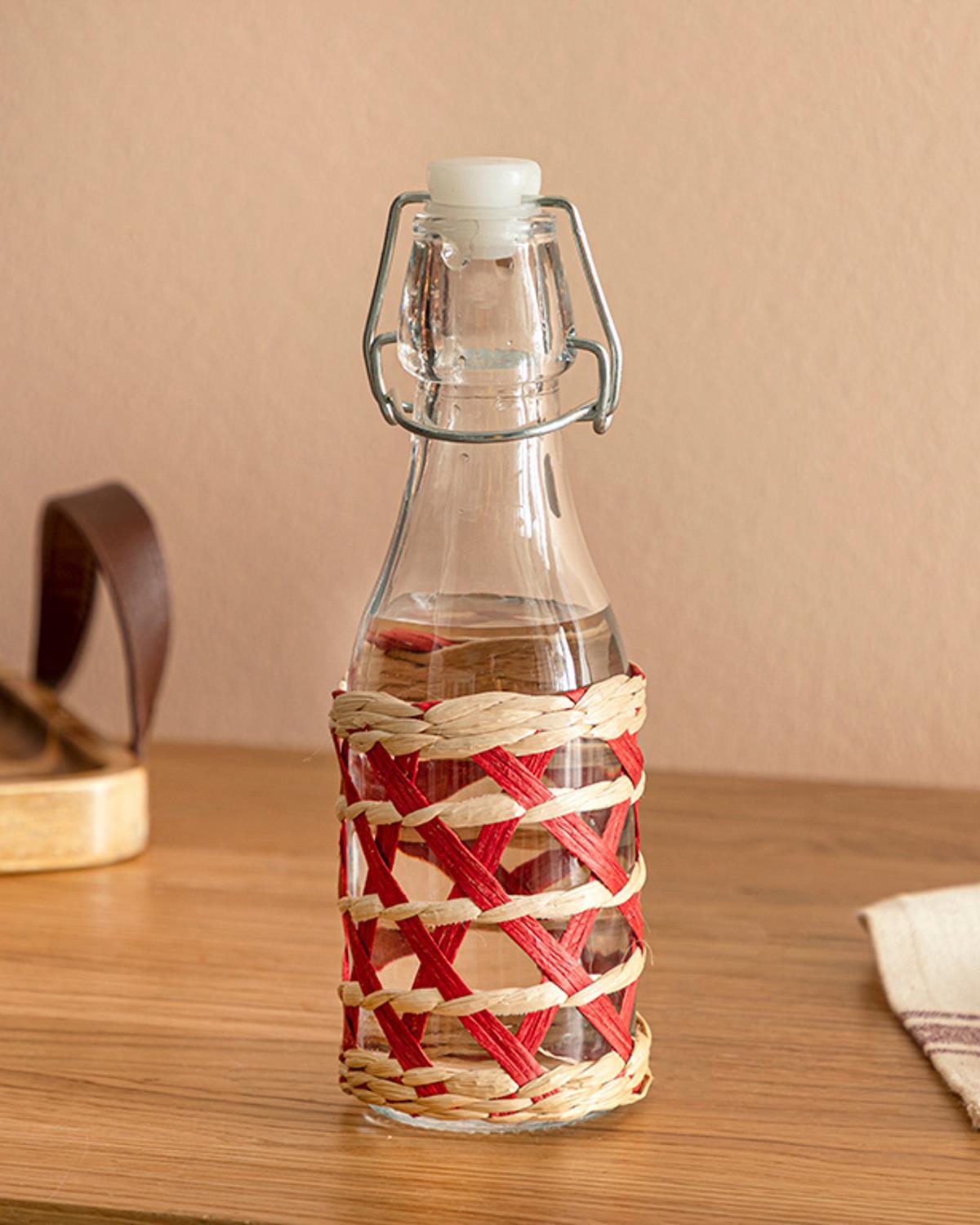 Stripe Wicker Cam Hasırlı Şişe 250 ml Kırmızı