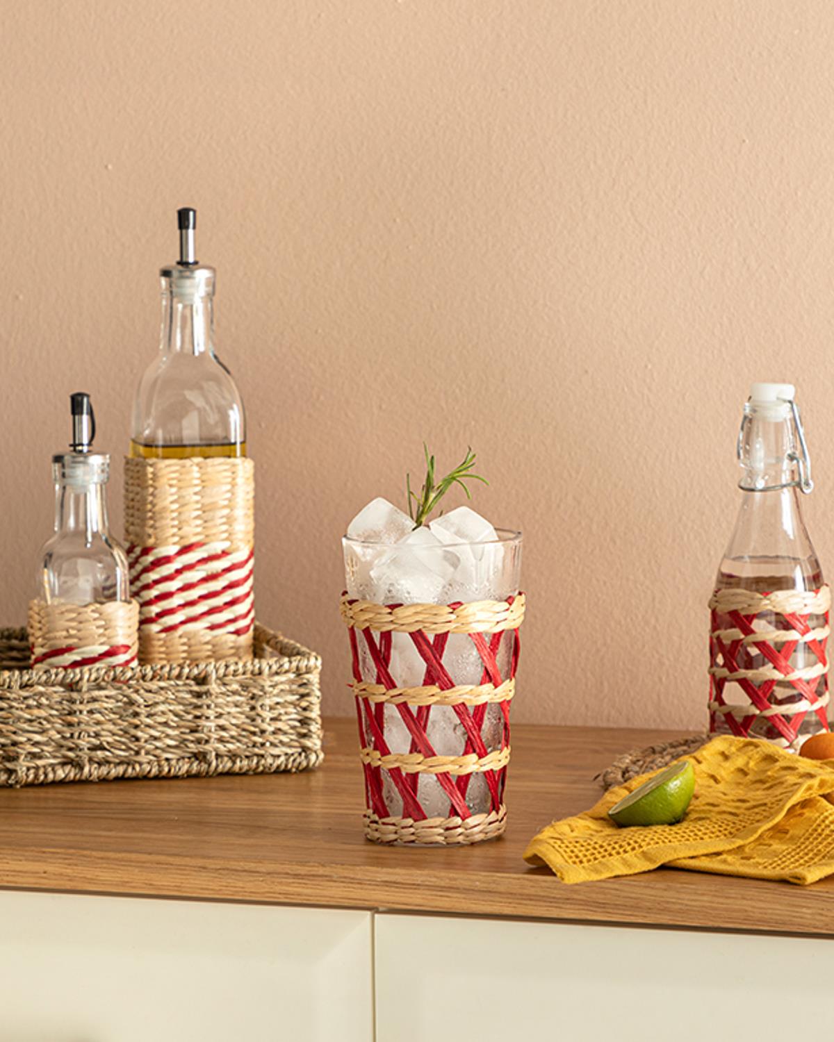 Stripe Wicker Cam Hasırlı Şişe 250 ml Kırmızı
