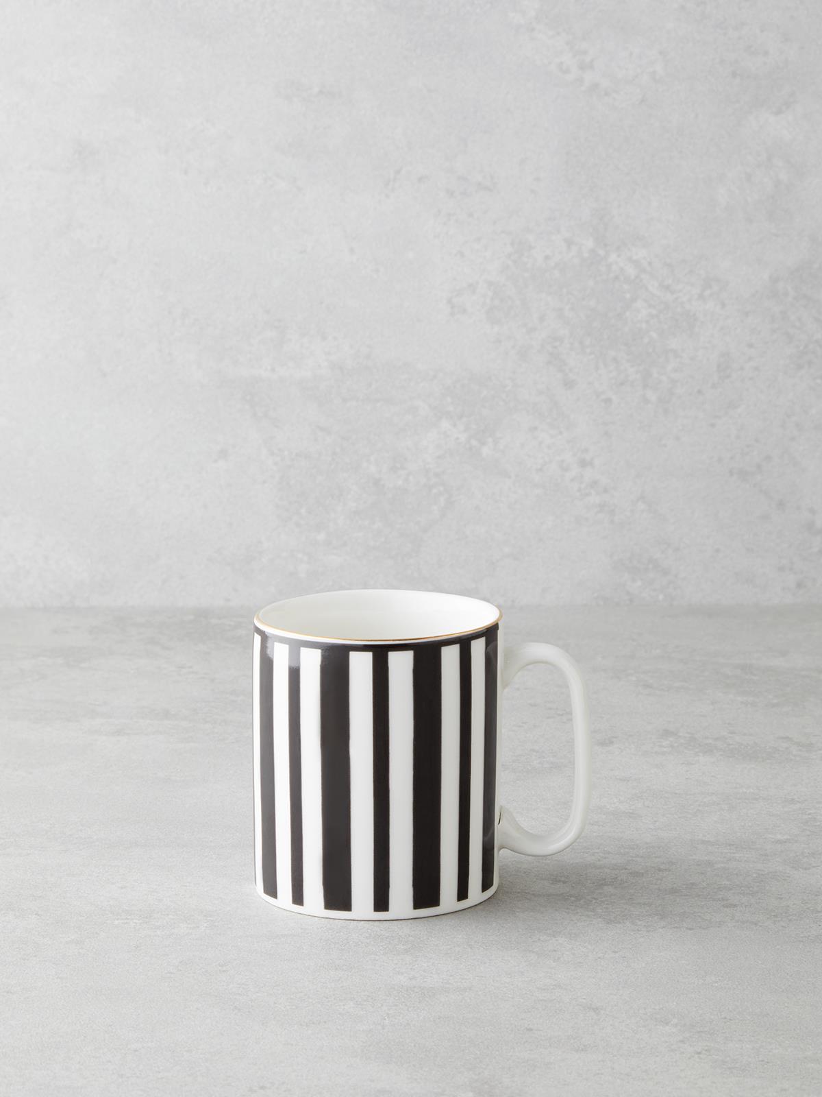 Stripy White Bone Porselen Kupa 290 ml Siyah-Beyaz-Gold