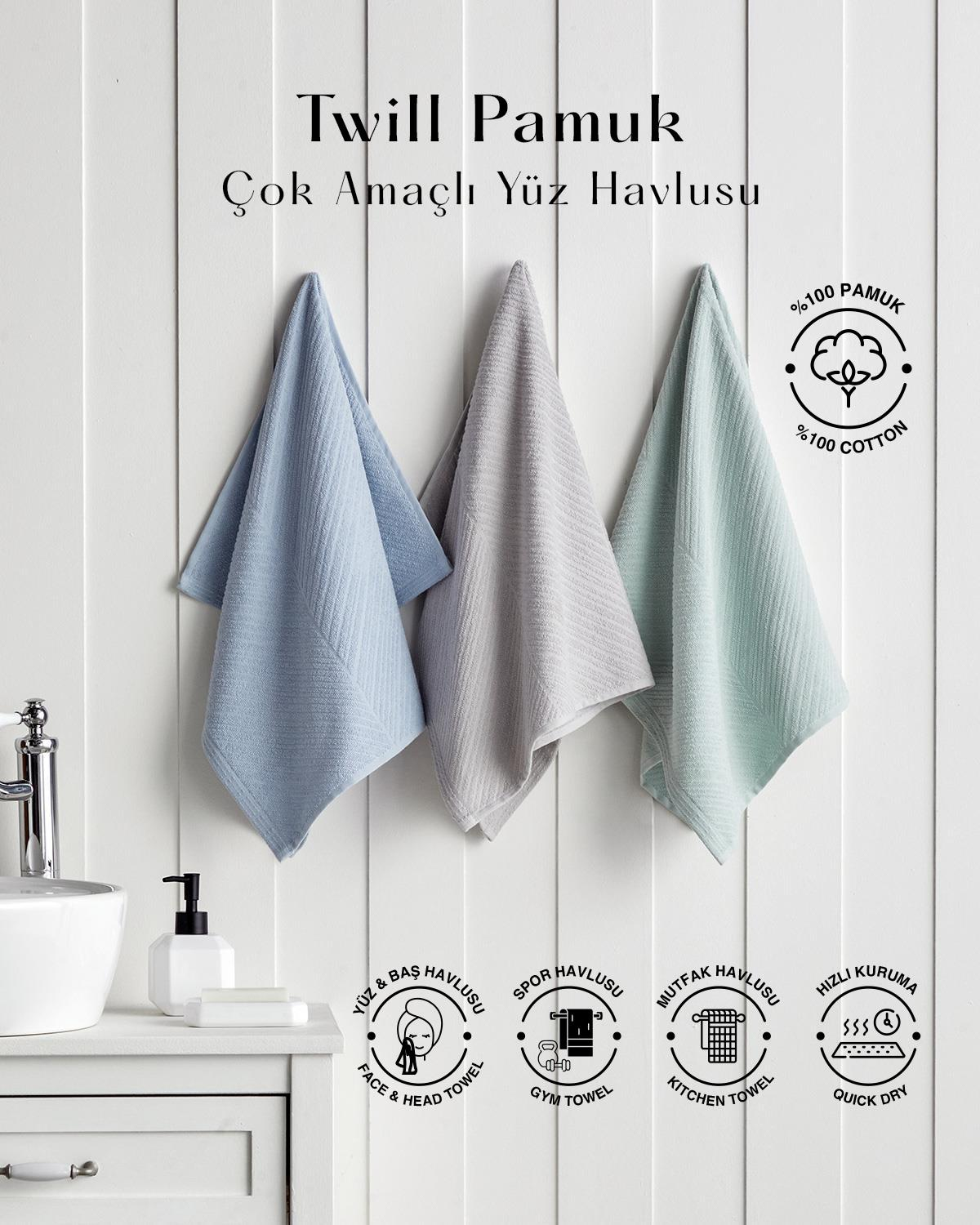 Twill %100 Pamuk Yüz Havlusu 50x70 cm Açık Gri