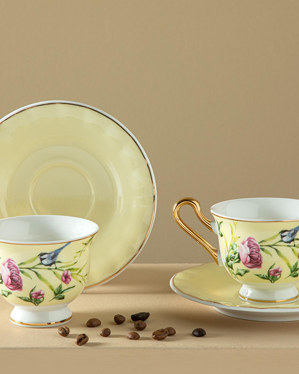 Vanilla New Bone China 4 Parça 2 Kişilik Kahve Fincan Takımı Açık Sarı