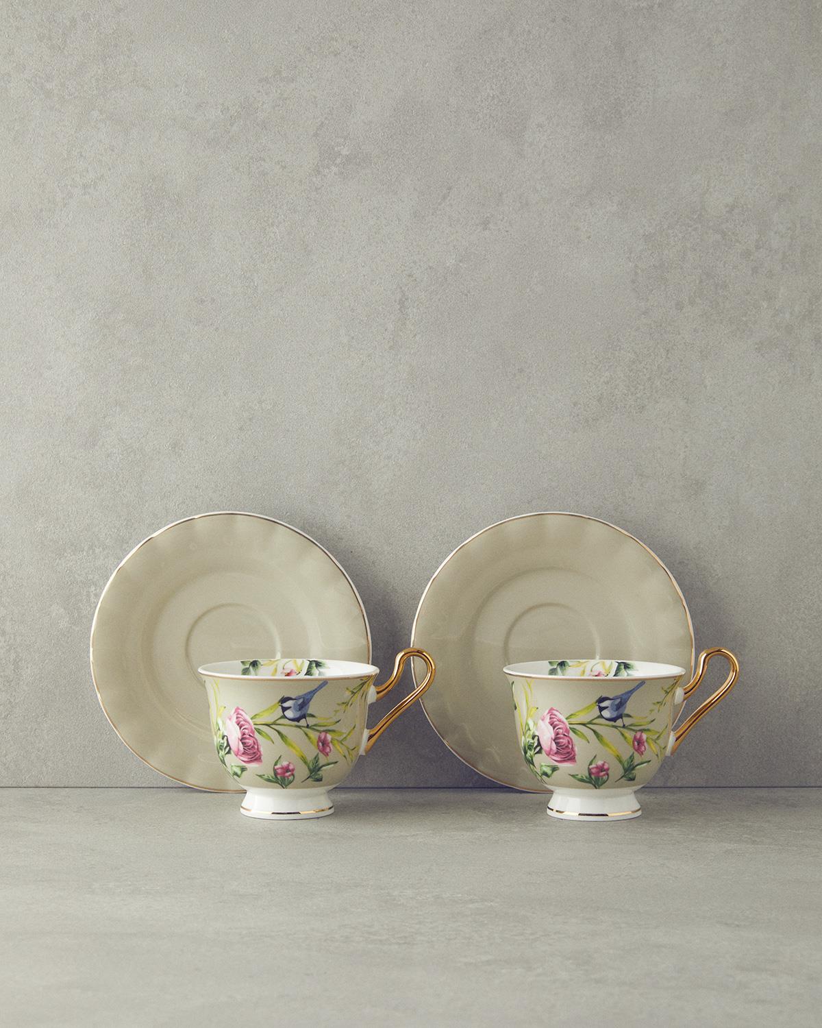 Vanilla New Bone China 4 Parça 2 Kişilik Çay Fincanı Takımı Açık Gri