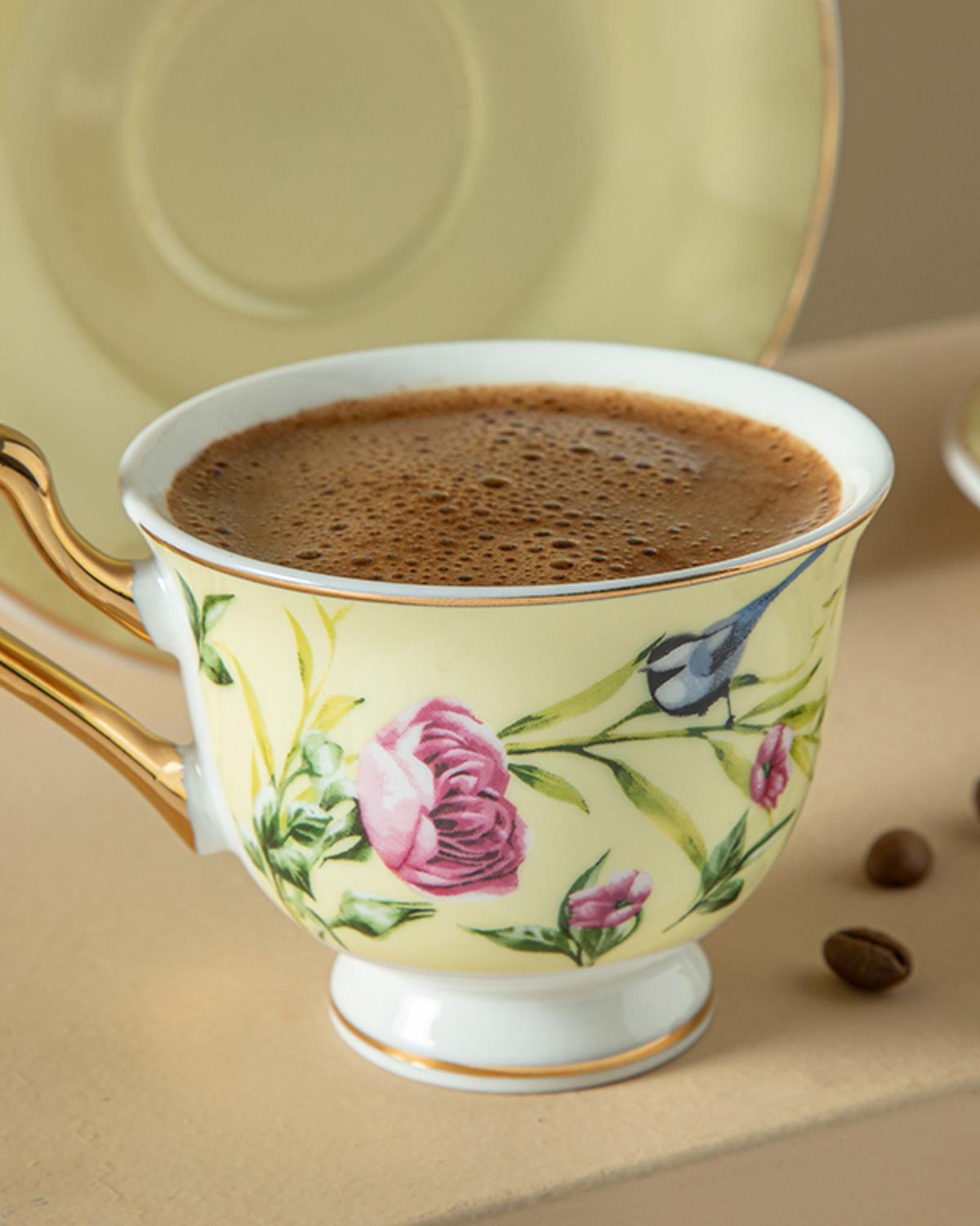 Vanilla New Bone China 4 Parça 2 Kişilik Kahve Fincan Takımı Açık Sarı