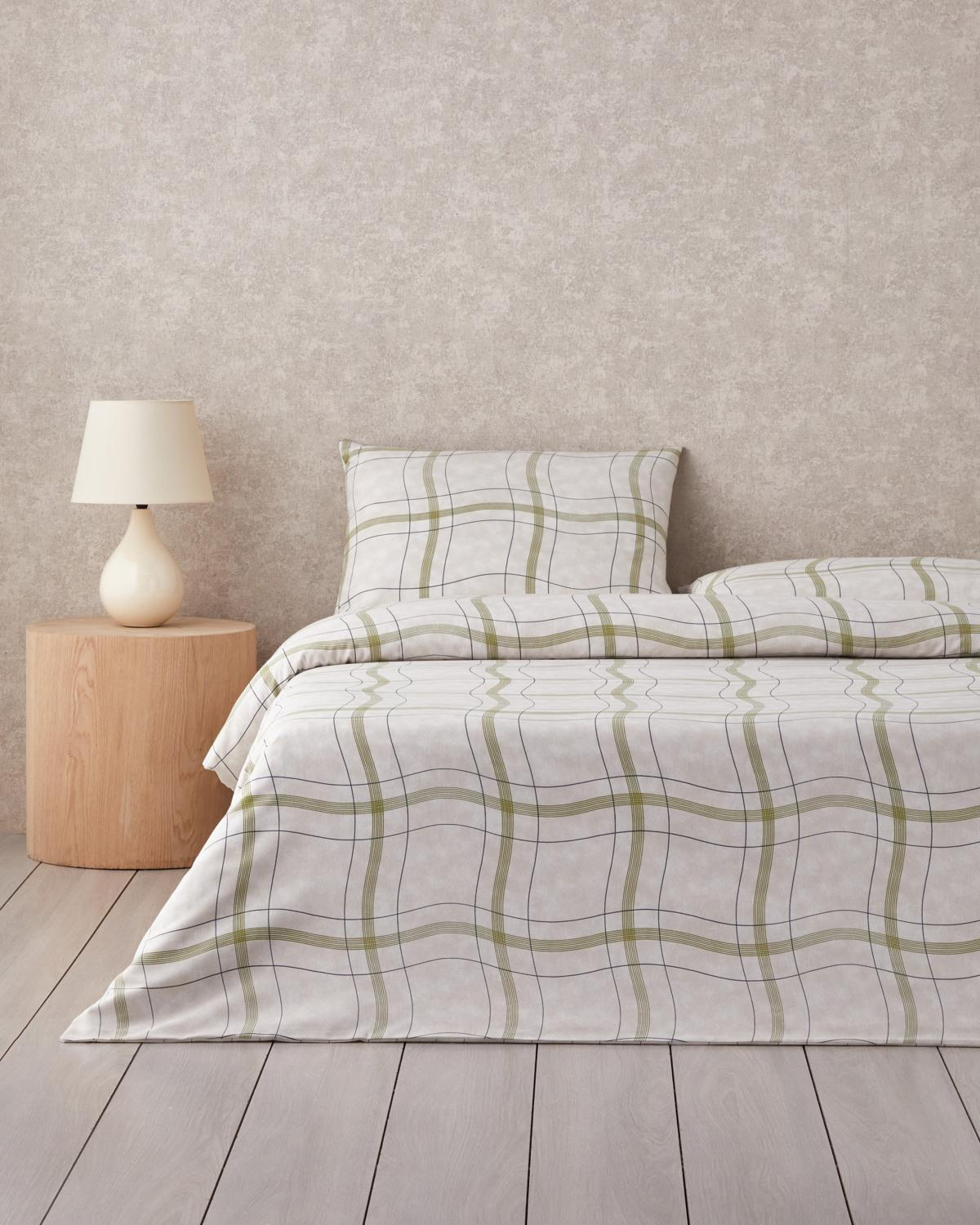 Wave Check Kolay Ütülenir Çift Kişilik Nevresim Takımı 200x220 cm Açık Yeşil-Bej
