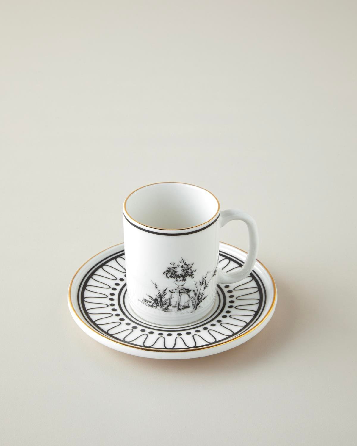 White Chic Bone Porselen 4 Parça 2 Kişilik Kahve Fincan Takımı 90 ml Siyah-Beyaz-Gold
