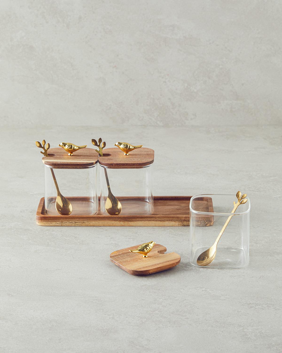 Wild Wood Borosilkat Ahşap Standlı Kaşıklı Baharatlık Kahve