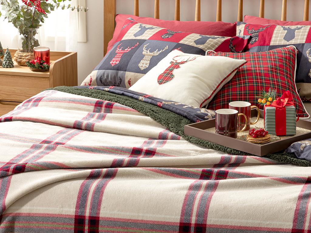 Windowpane Sherpa Çift Kişilik Battaniye Bej - Kırmızı