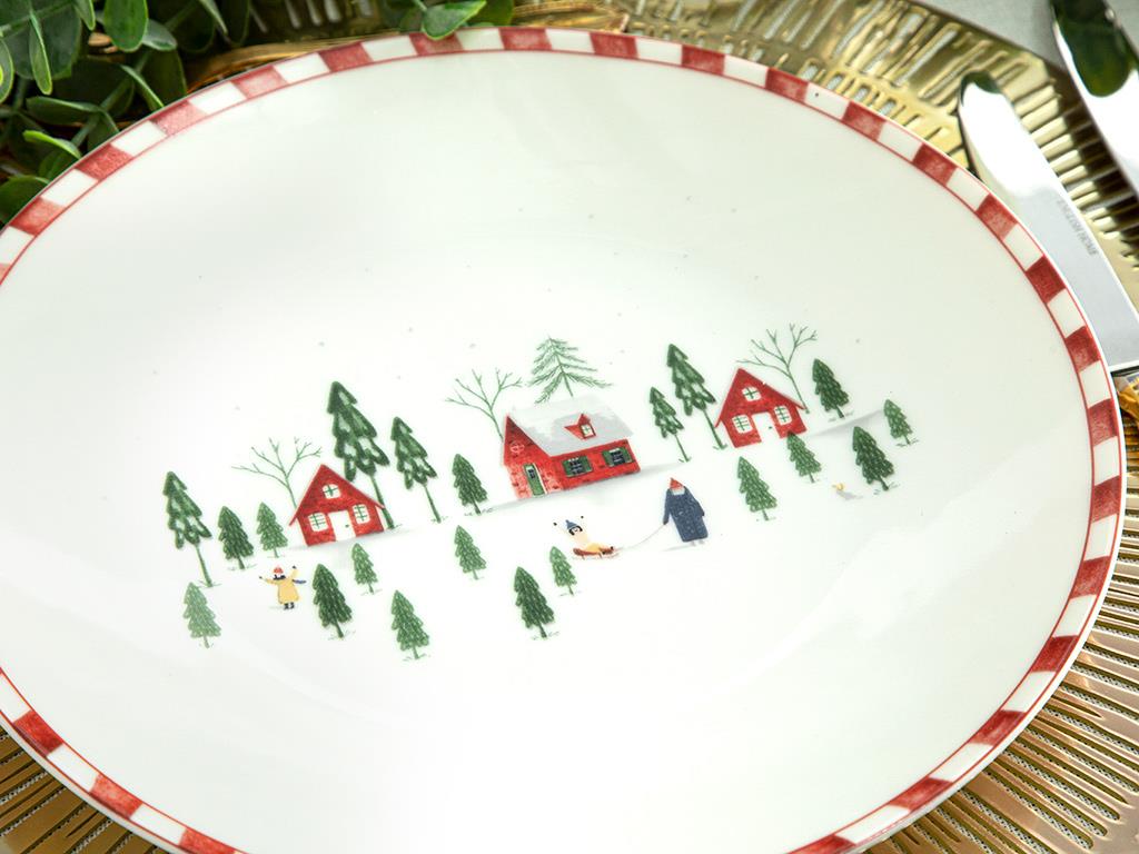 Winter Landscape Bone Porselen Servis Tabağı Yeşil-Kırmızı