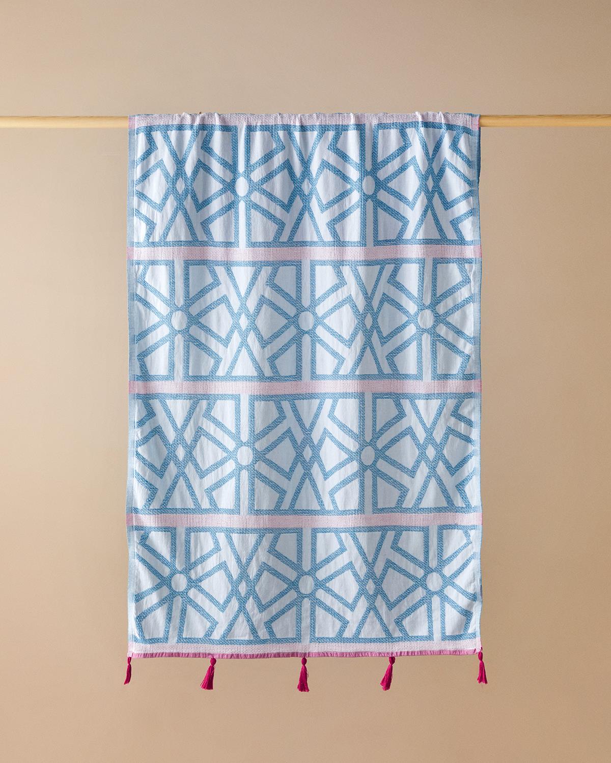 Zigzag Pamuklu Püsküllü Peştamal 90x150 cm Mavi-Fuşya