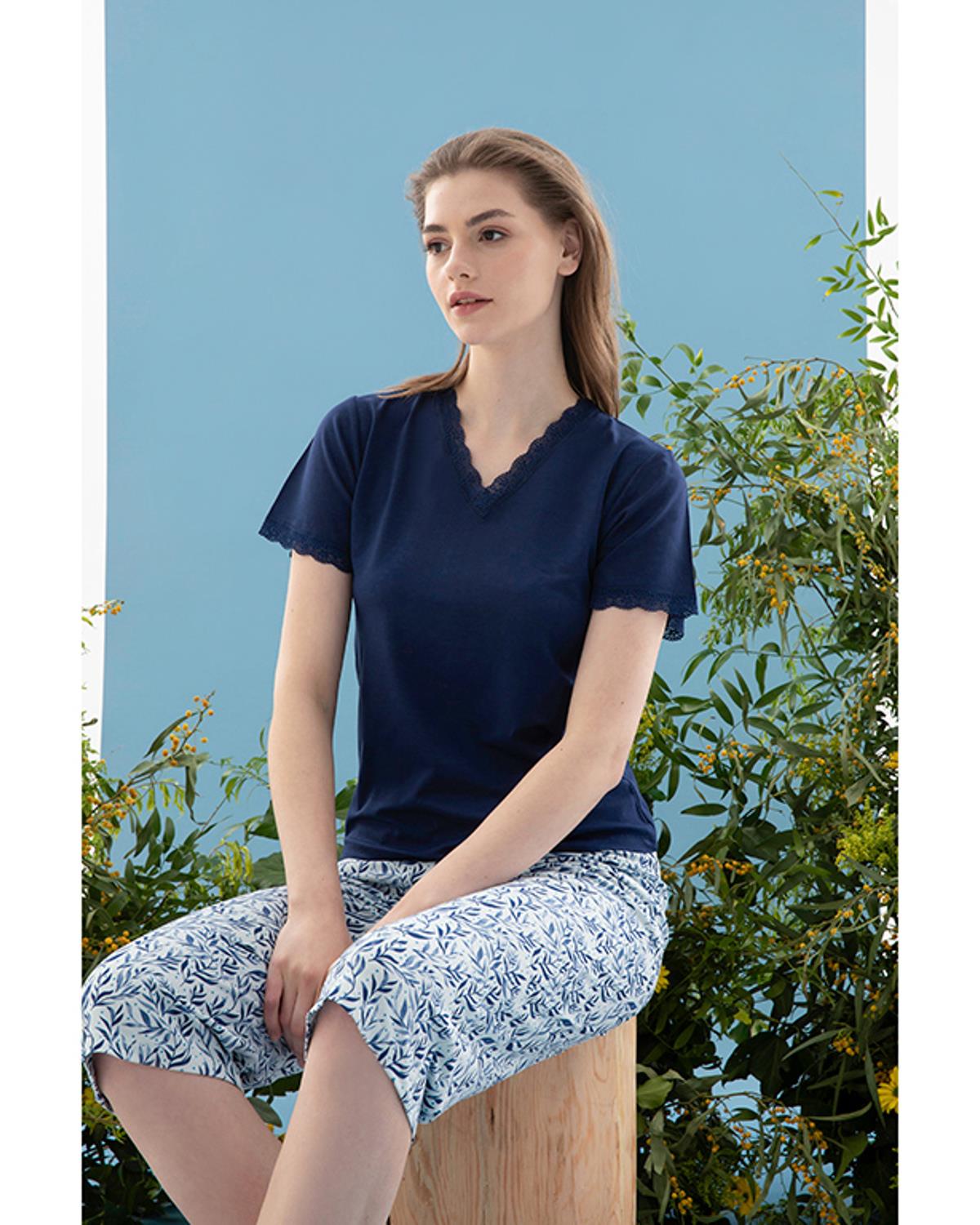 Leaf Viskon Kadın Pijama Takımı Lacivert