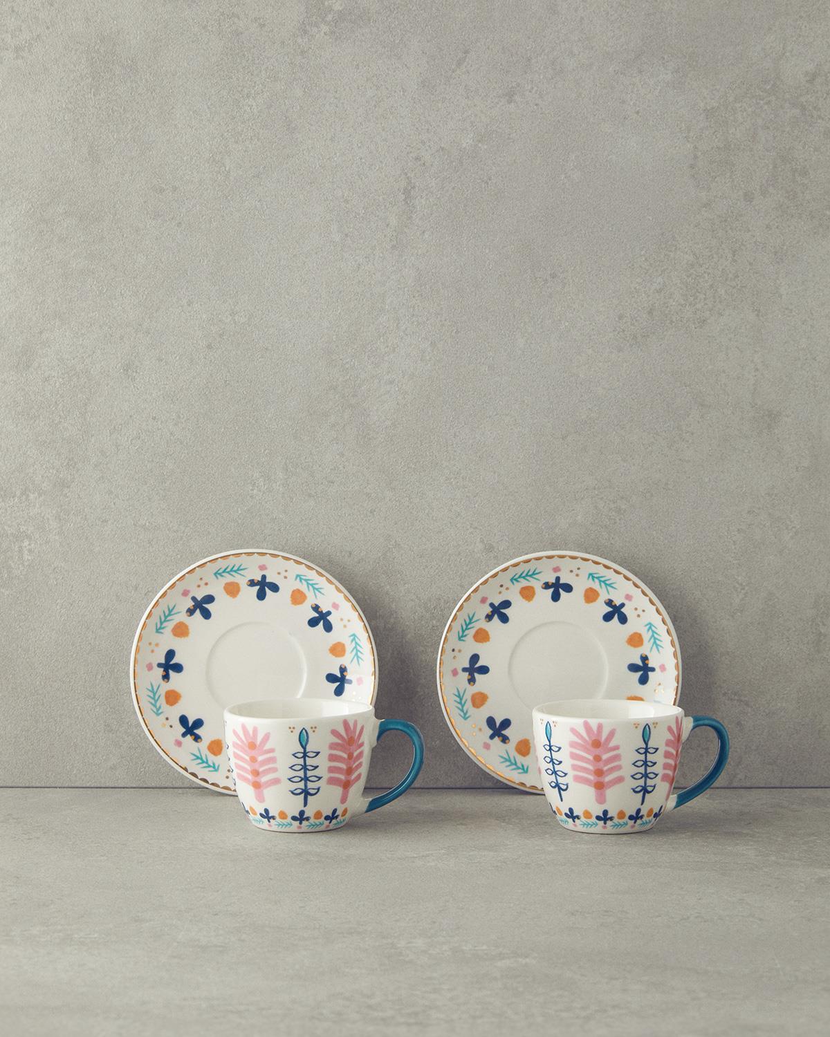 Love Adore New Bone China 4 Parça 2 Kişilik Kahve Fincan Takımı Pembe - Mavi