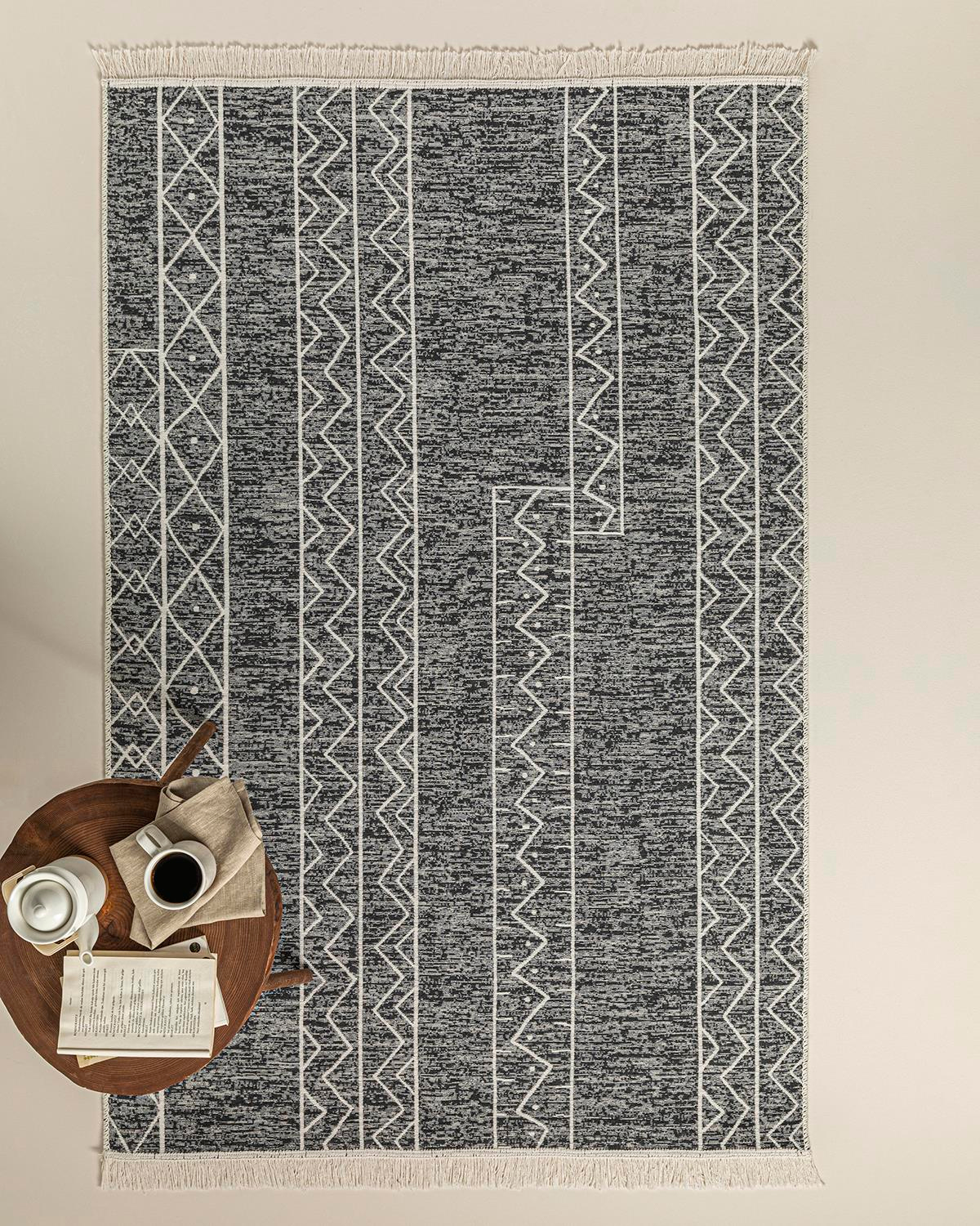 Trendy Tiles Dokuma Kilim Gri-Beyaz