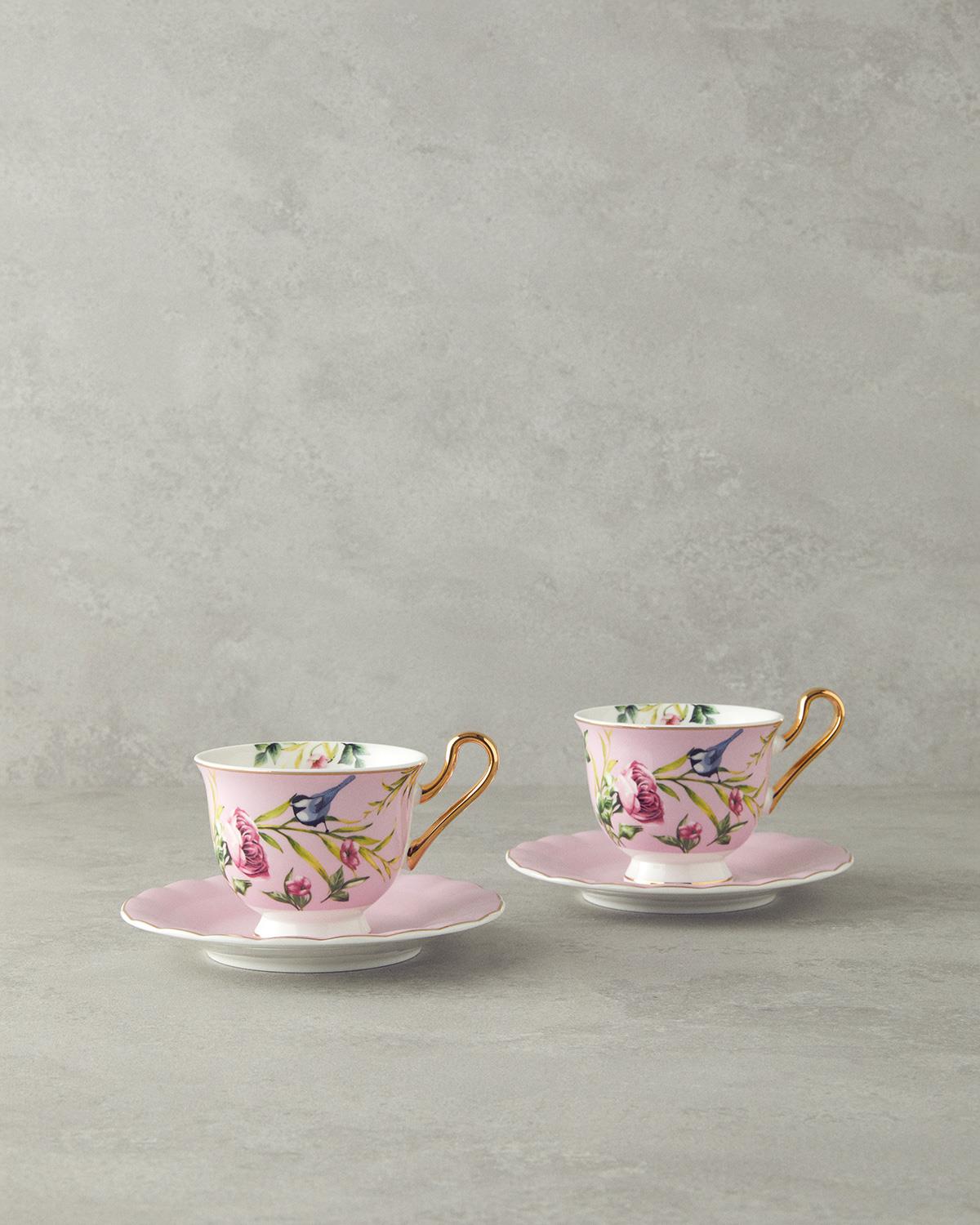 Vanilla New Bone China 4 Parça 2 Kişilik Çay Fincanı Takımı Açık Pembe