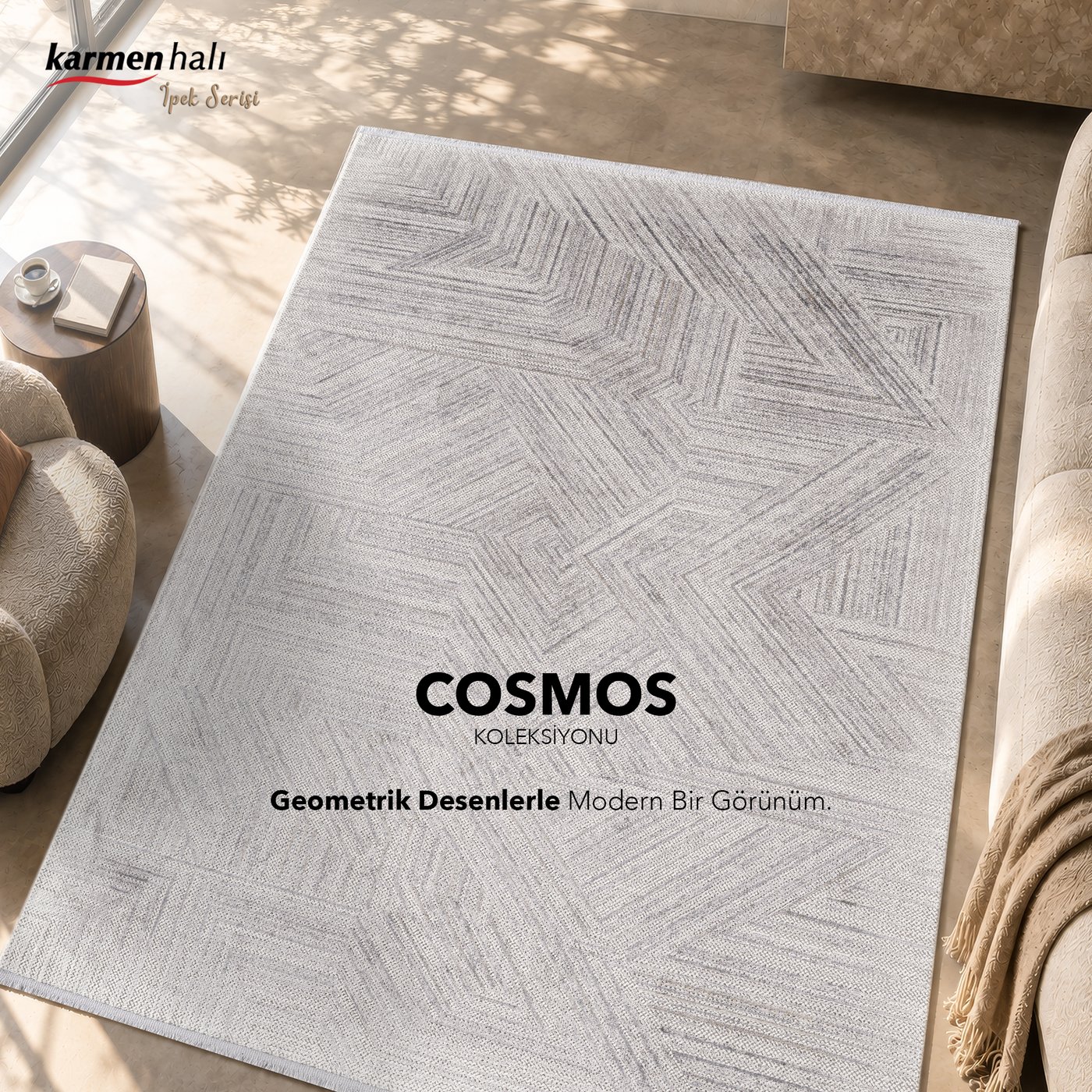 Güneş alan modern bir salonda gri tonlarda geometrik zikzak desenli Cosmos CS008A viskon halı