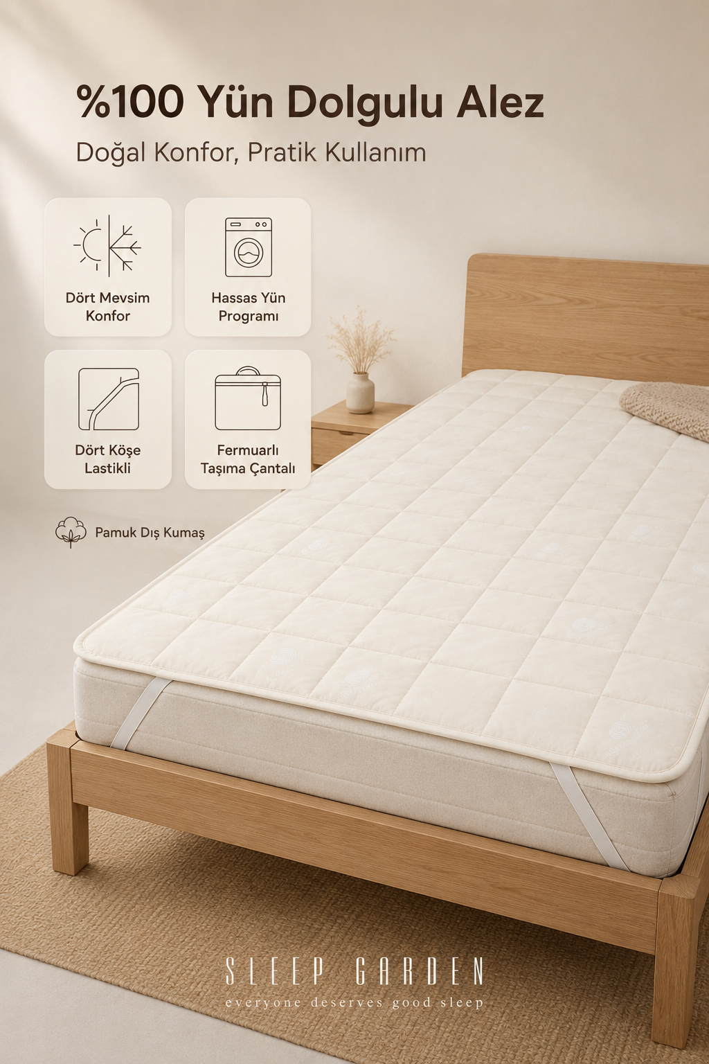 Sleep Garden %100 Yün Kapitoneli Lastikli Yatak Koruyucu AlezSleep Garden Yün Yatak Alezi Lastikli Çantalı Sleep Garden