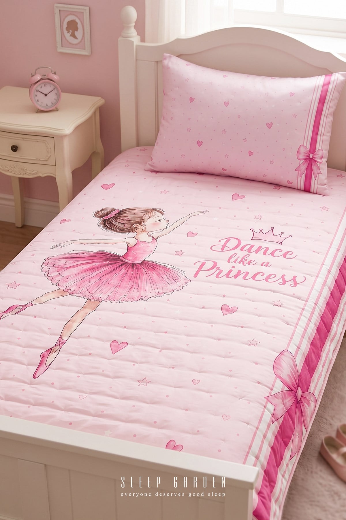 Sleep Garden Balerin Desenli Kız Çocuk Yatak Örtüsü Seti Kapitoneli Pembe 160x220 cm Sleep Garden