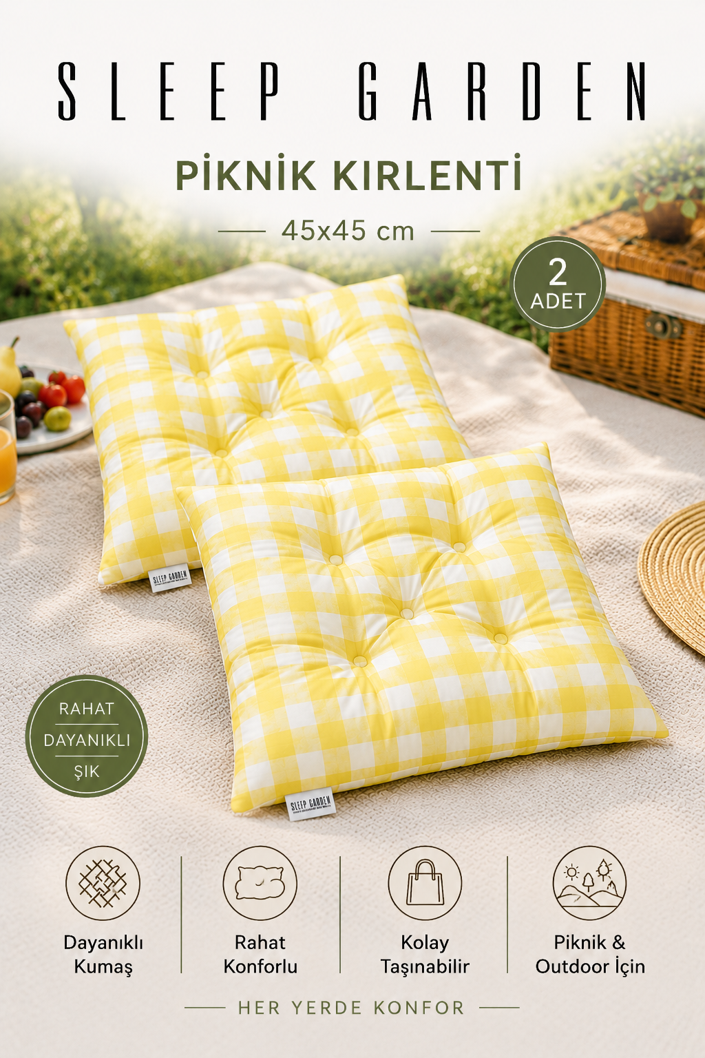Sleep Garden Çok Amaçlı Kırlent Pofuduk Minder Pötikareli 45x45 Sarı 2 AdetSleep Garden