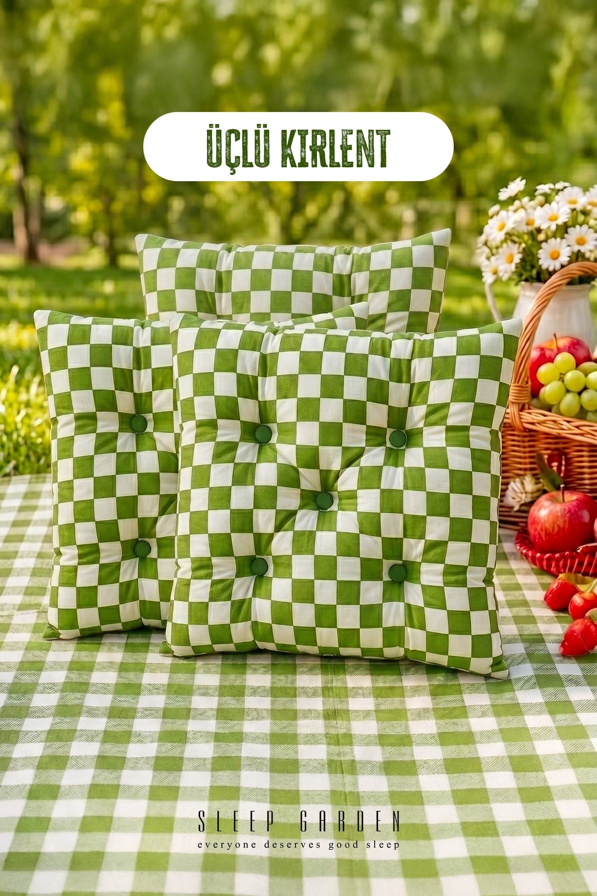 Sleep Garden Çok Amaçlı Kırlent Pofuduk Minder Pötikareli 45x45 Yeşil 3 AdetSleep Garden