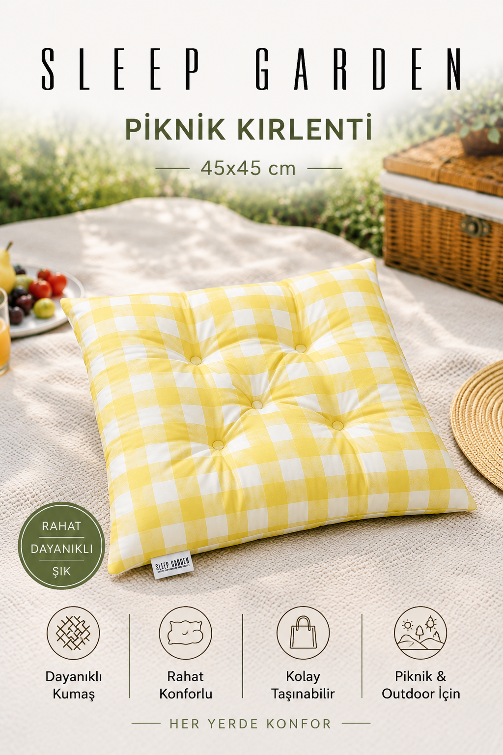 Sleep Garden Çok Amaçlı Kırlent Pofuduk Minder Pötikareli 45x45 SarıSleep Garden
