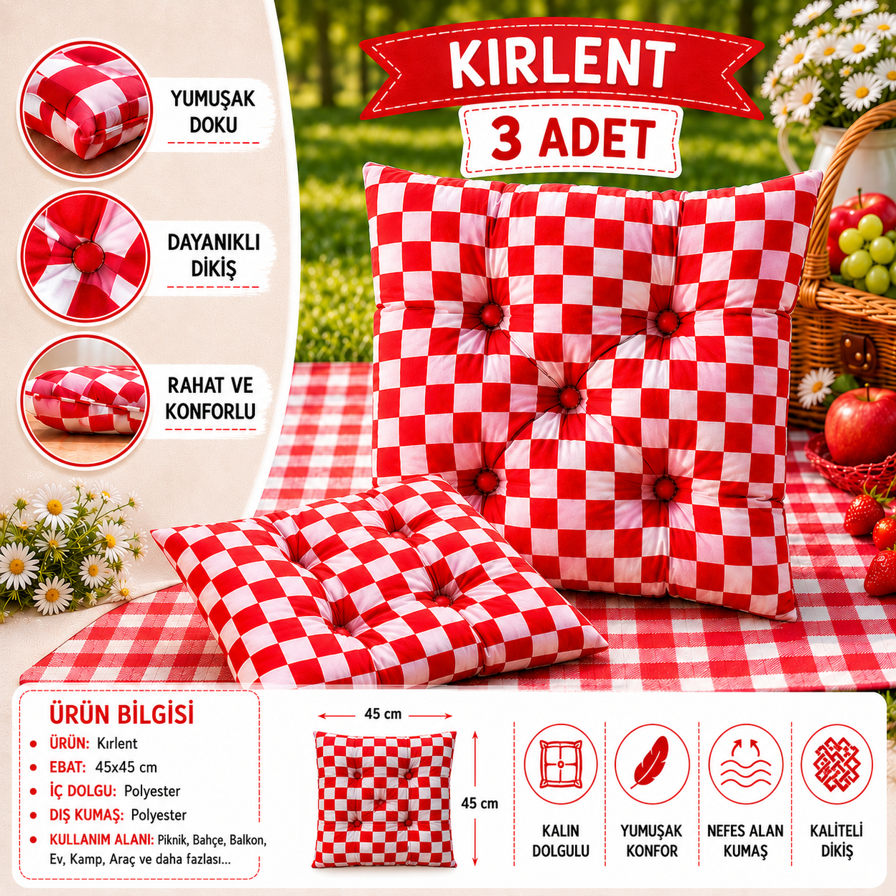 Sleep Garden Çok Amaçlı Kırlent Pofuduk Minder Pötikareli 45x45 3'lüSleep Garden